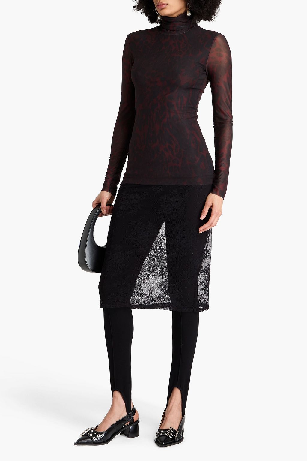 GANNI Leopard-print mesh turtleneck top