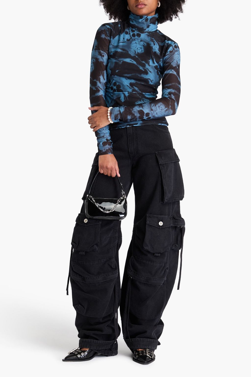 GANNI Printed mesh turtleneck top