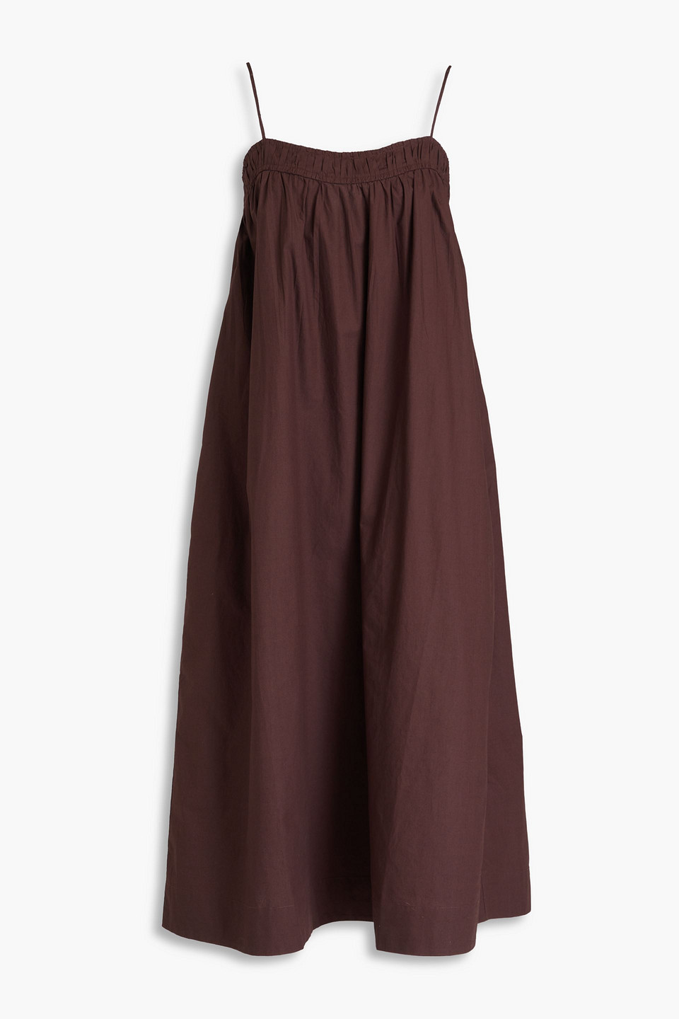 Ganni Gathered Cotton-poplin Midi Dress In Brown