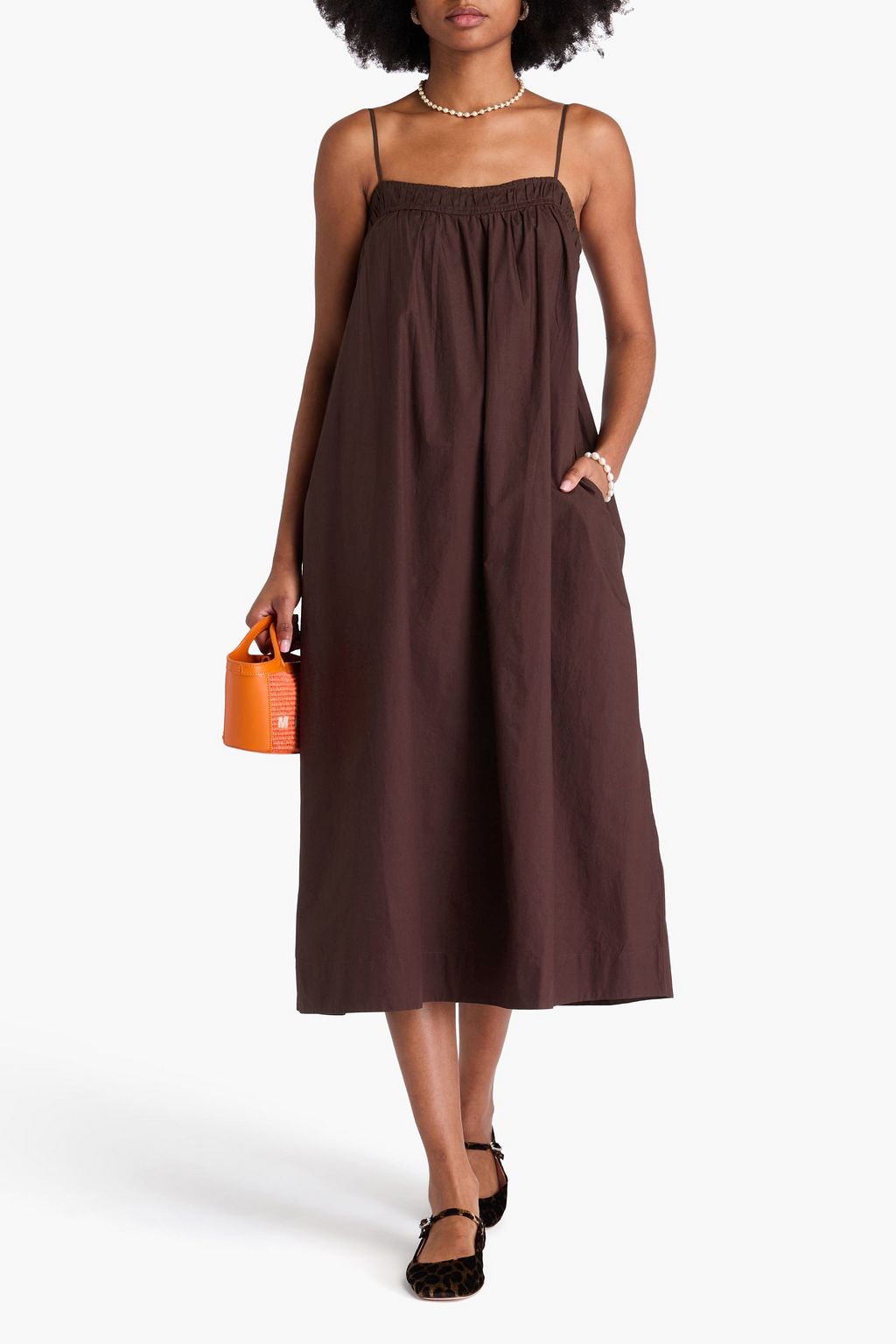 GANNI Gathered cotton-poplin midi dress