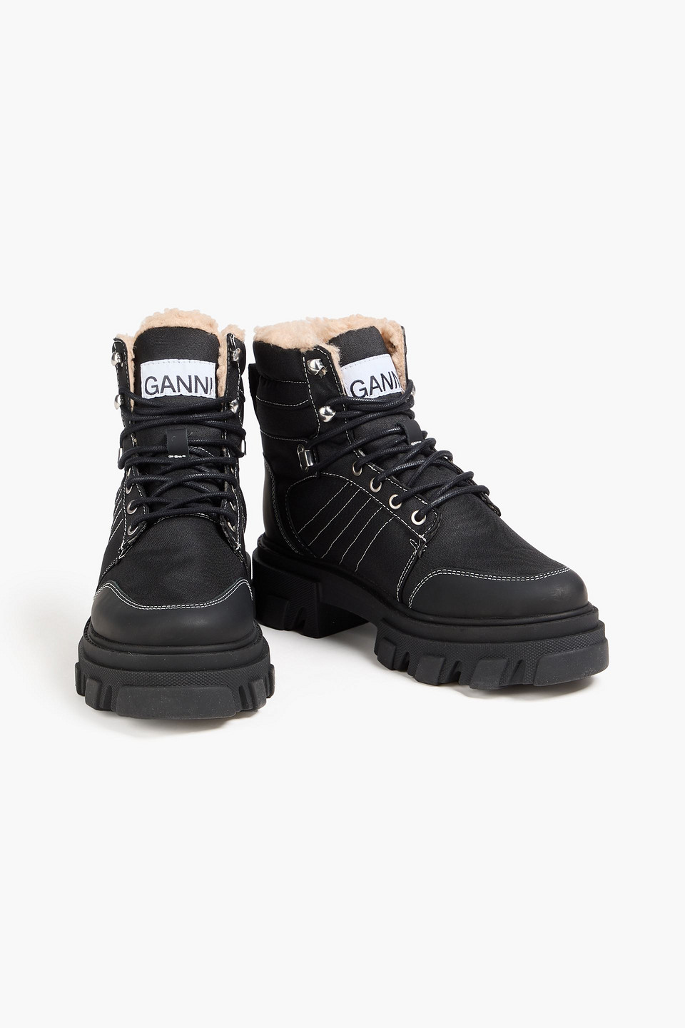Ganni Leather-trimmed Canvas Hiking Boots In Black
