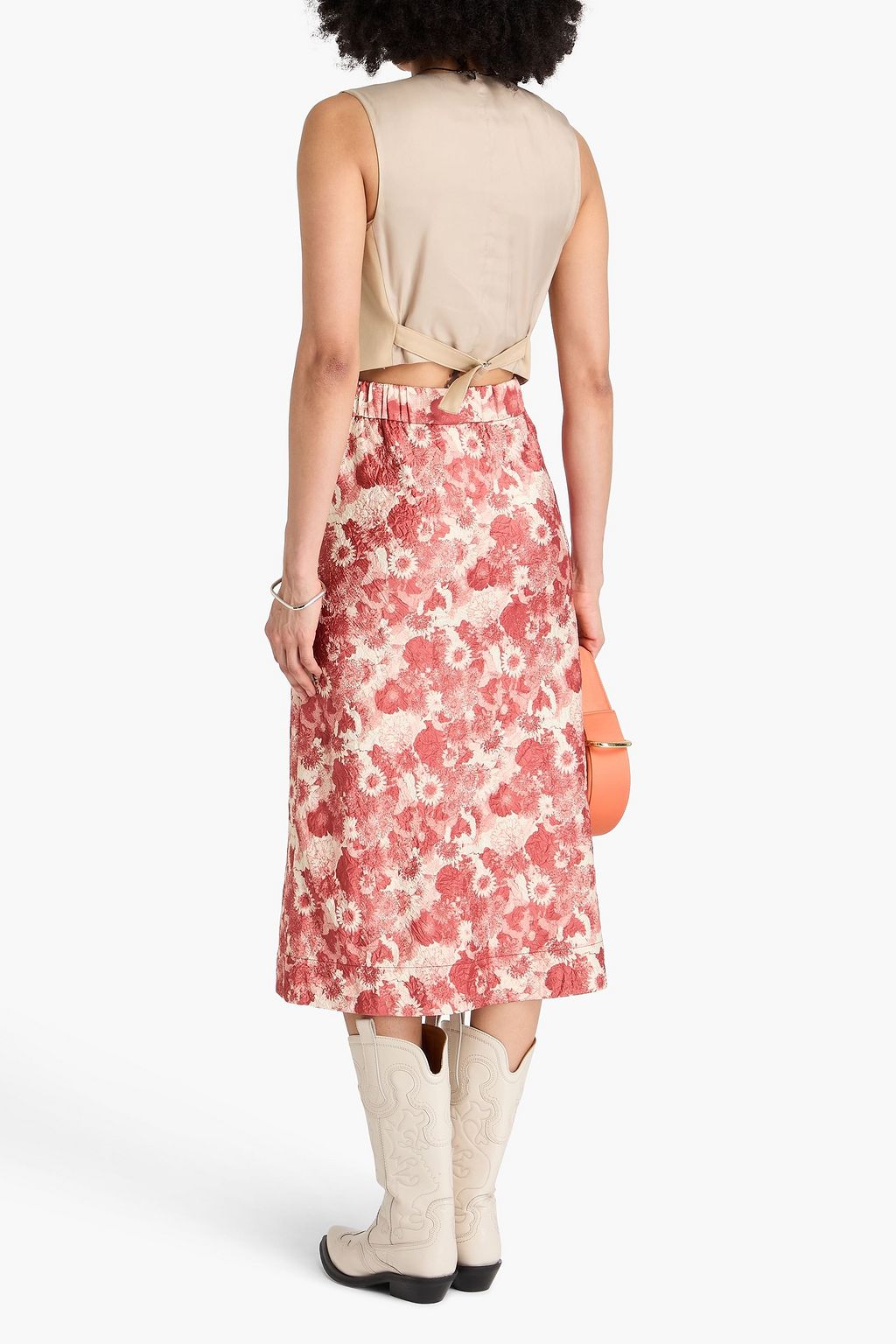 GANNI Floral-print crinkled-satin midi skirt
