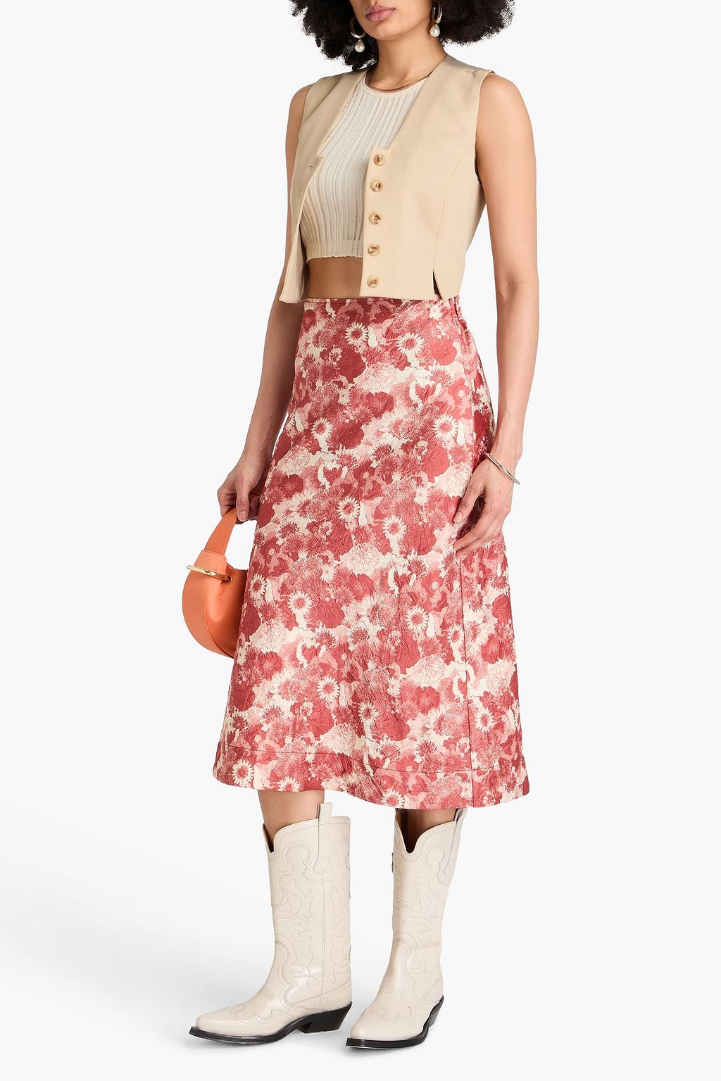 GANNI Floral-print crinkled-satin midi skirt