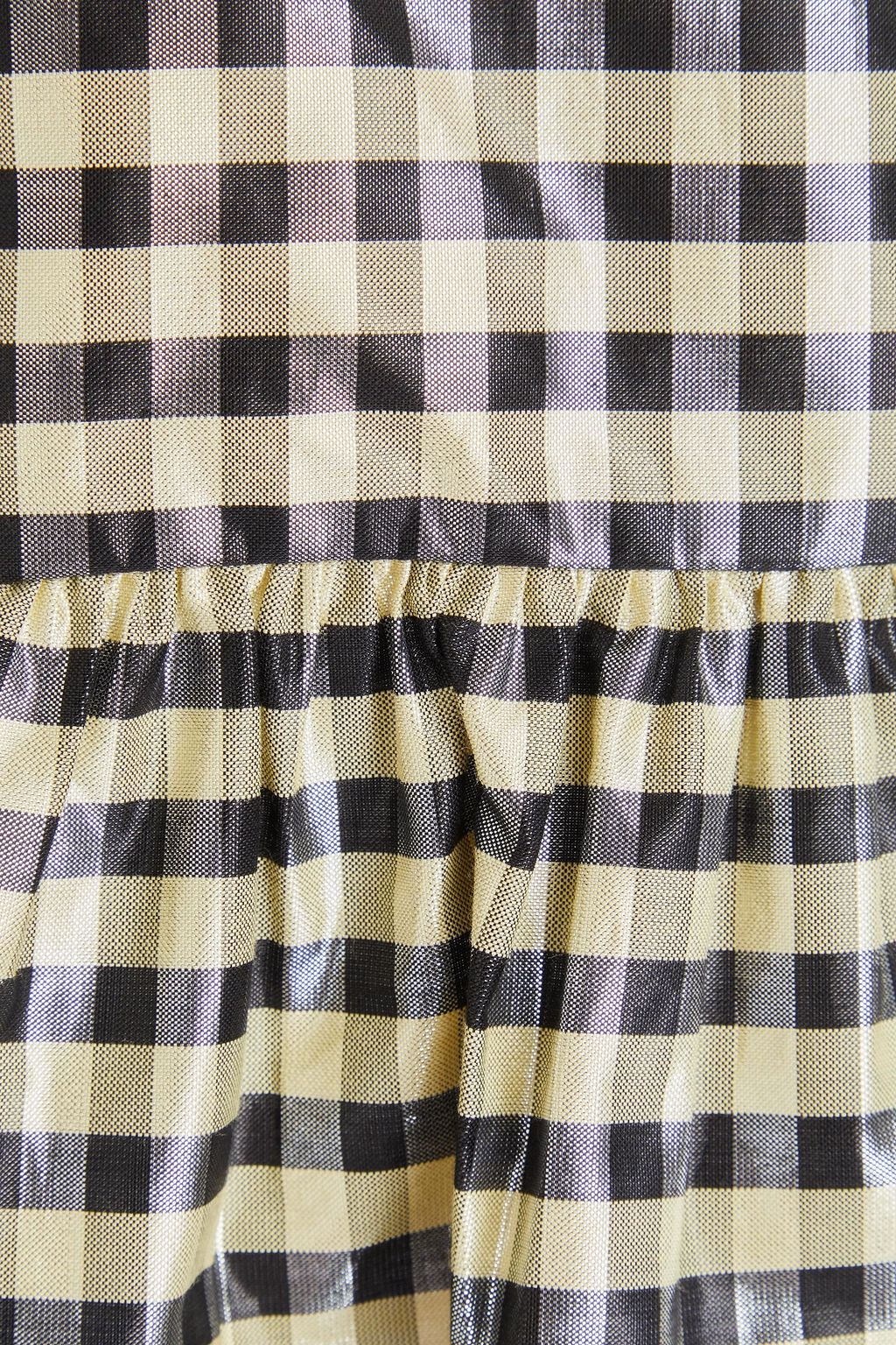 GANNI Bow-detailed ruffled metallic gingham jacquard top
