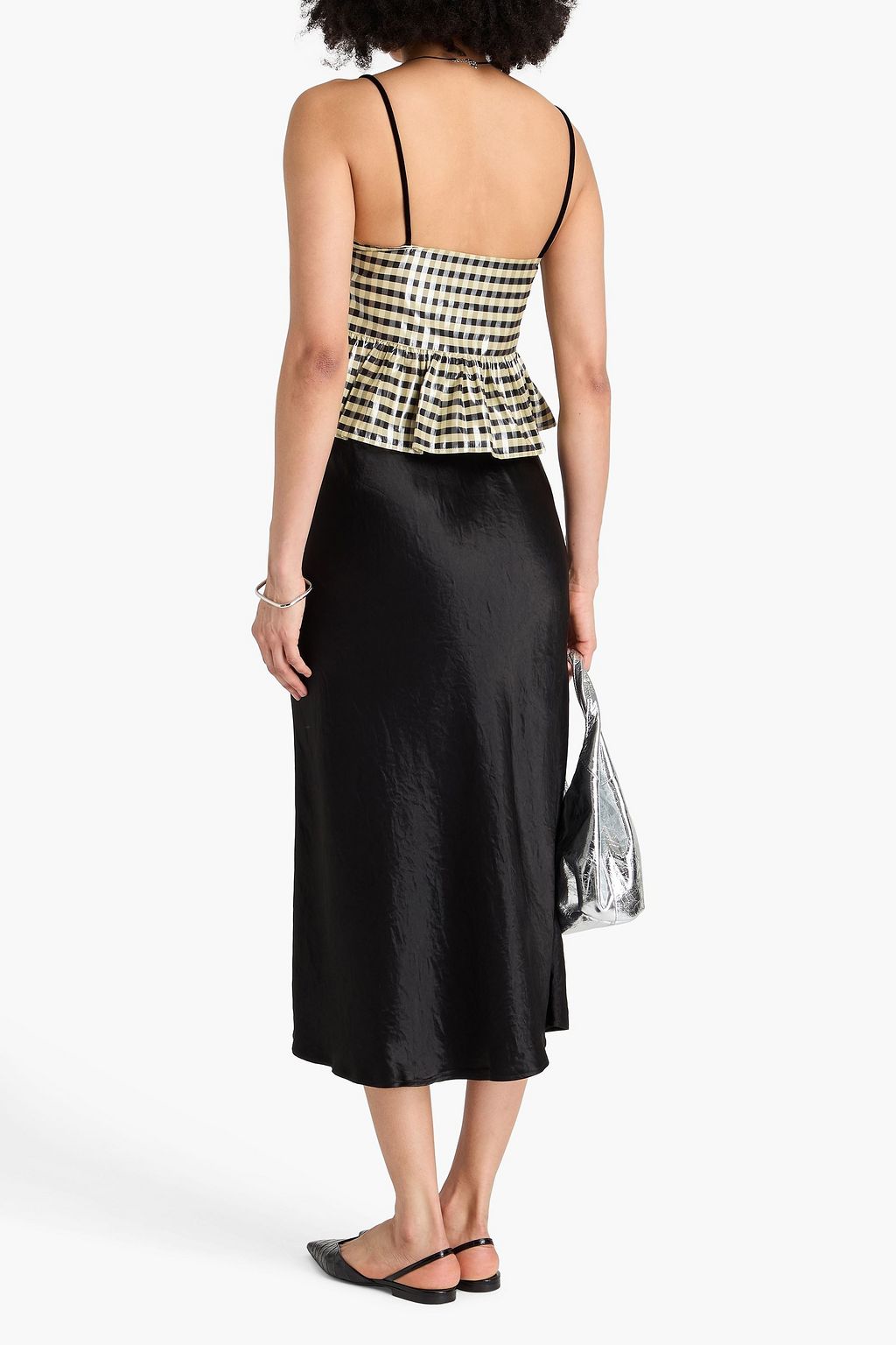 GANNI Bow-detailed ruffled metallic gingham jacquard top