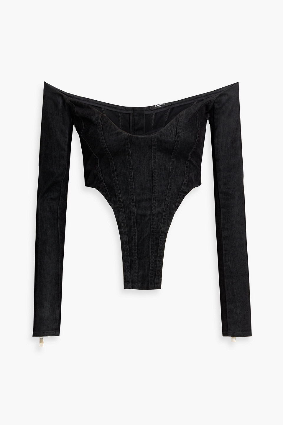 Balmain Off-the-shoulder Asymmetric Denim Top In Black