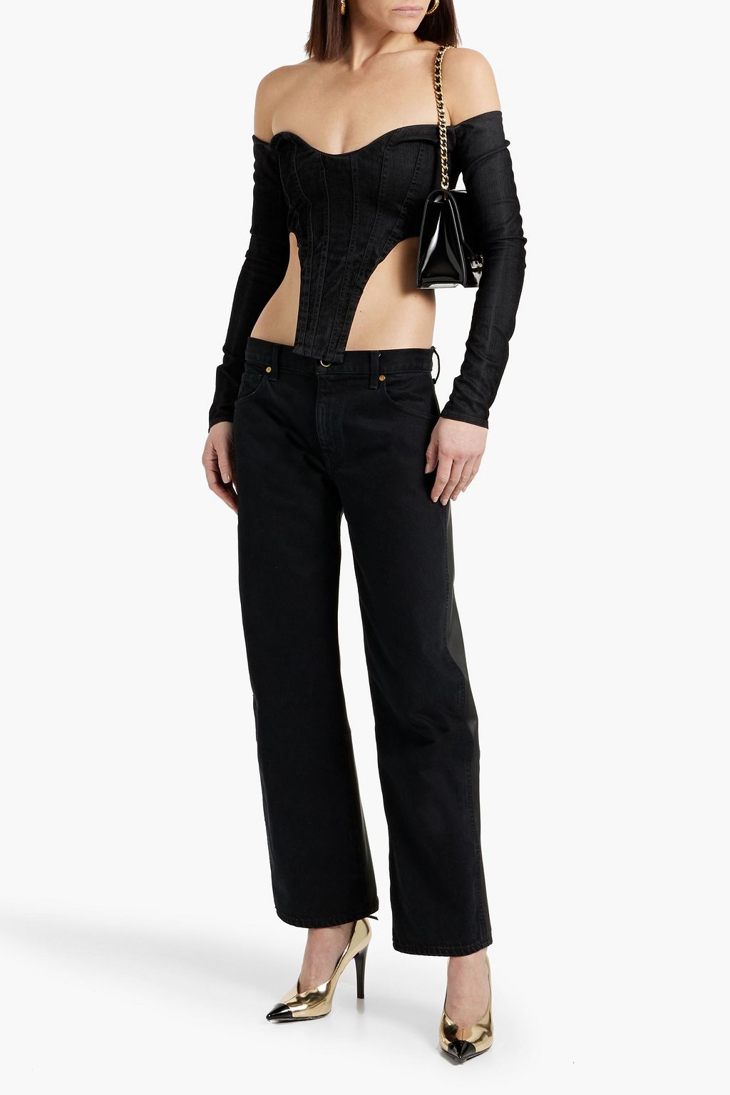 BALMAIN Off-the-shoulder asymmetric denim top