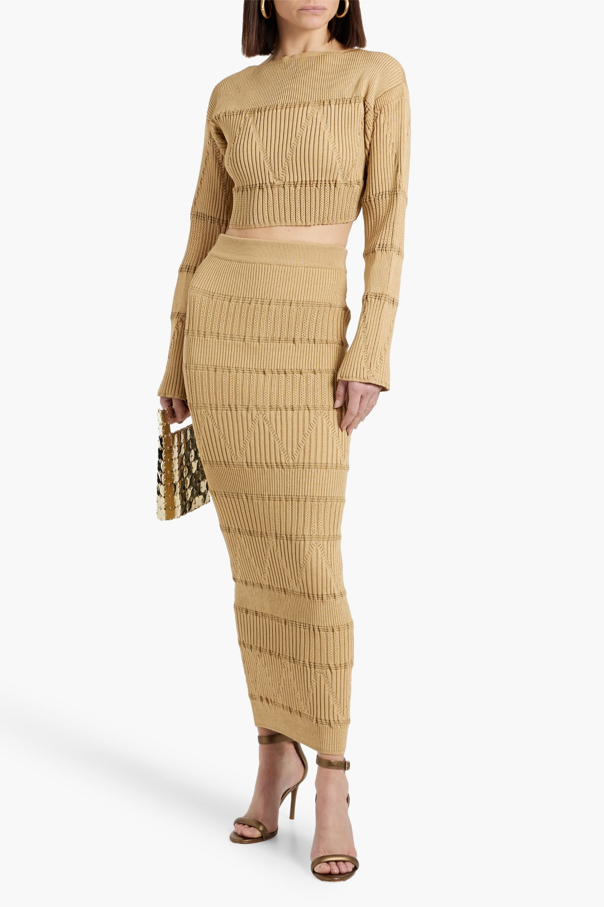 Balmain Ribbed and pointelle-knit maxi pencil skirt