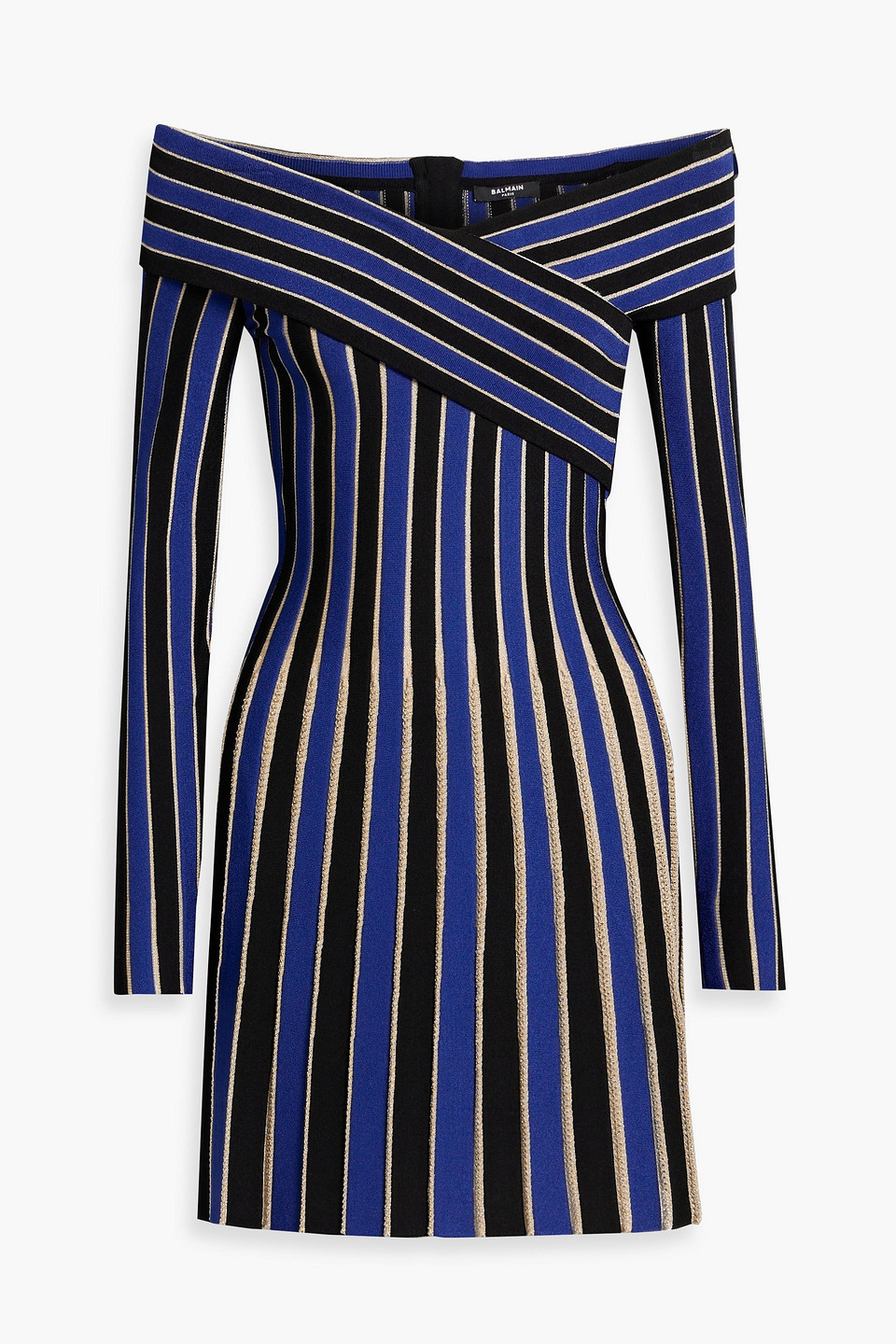 balmain - off-the-shoulder metallic striped ribbed-knit mini dress - blue - fr 36