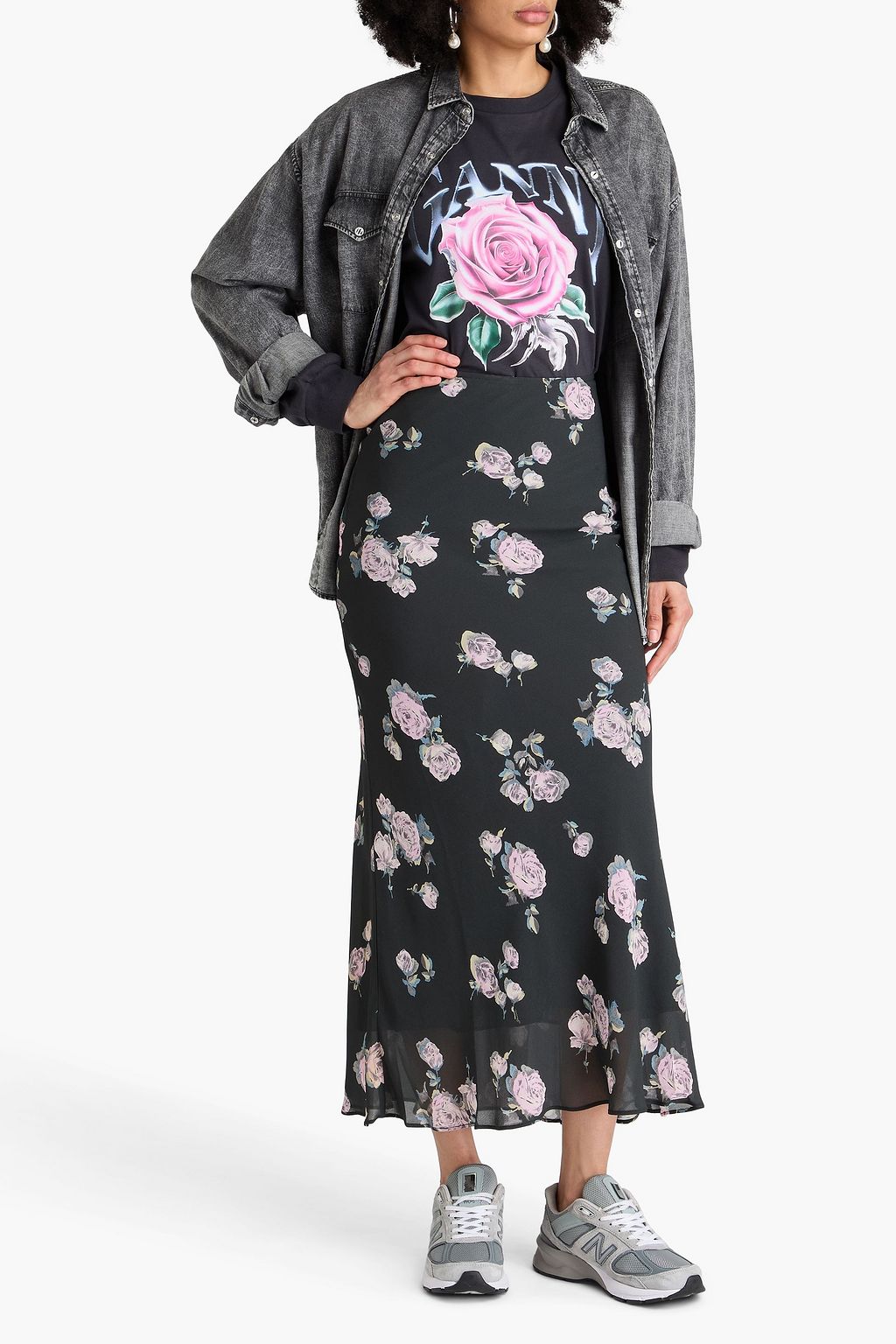 GANNI Floral-print crepe midi skirt