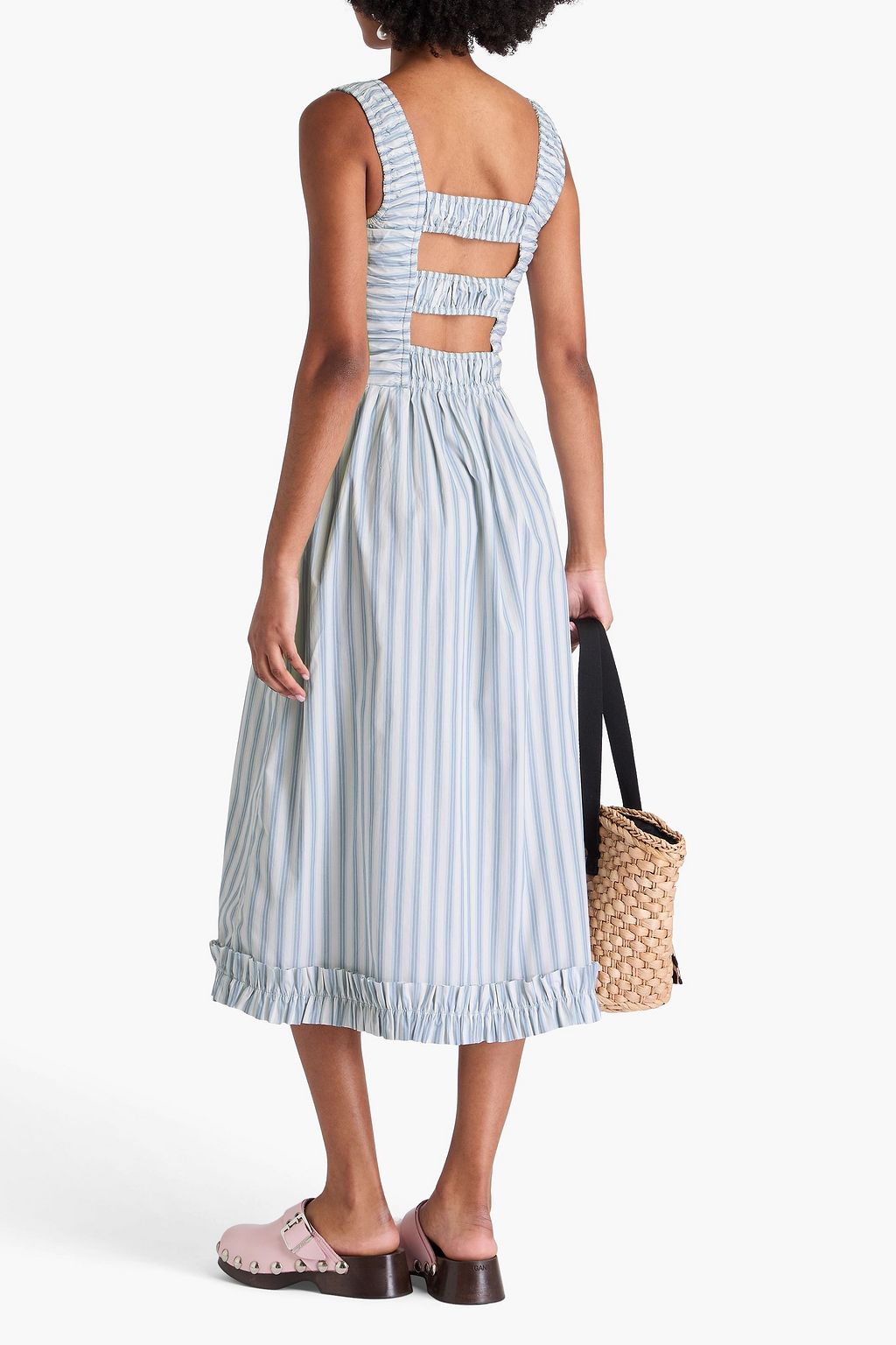 GANNI Midikleid aus Baumwollpopeline mit Streifen und Cut-outs
