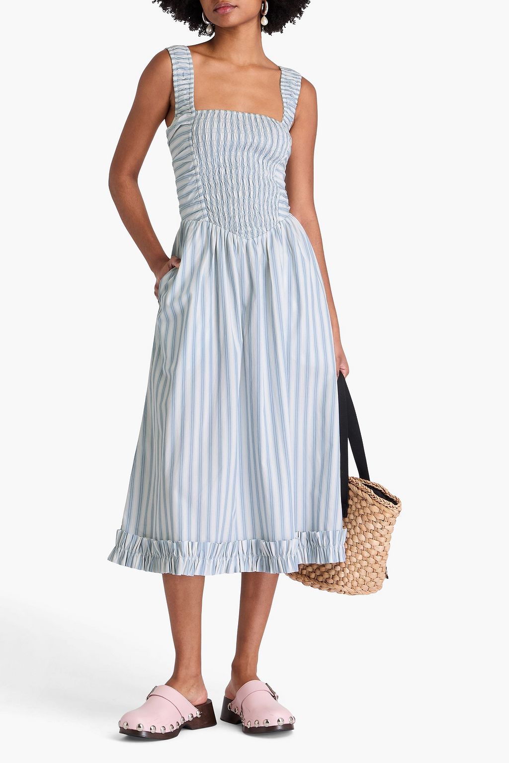 GANNI Midikleid aus Baumwollpopeline mit Streifen und Cut-outs