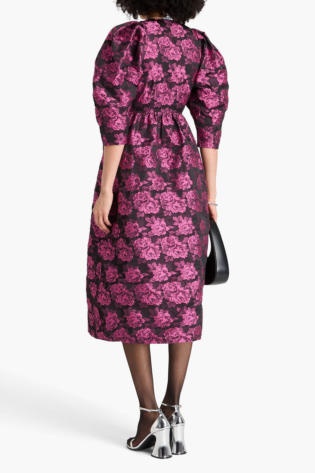 GANNI Gathered floral-jacquard midi dress