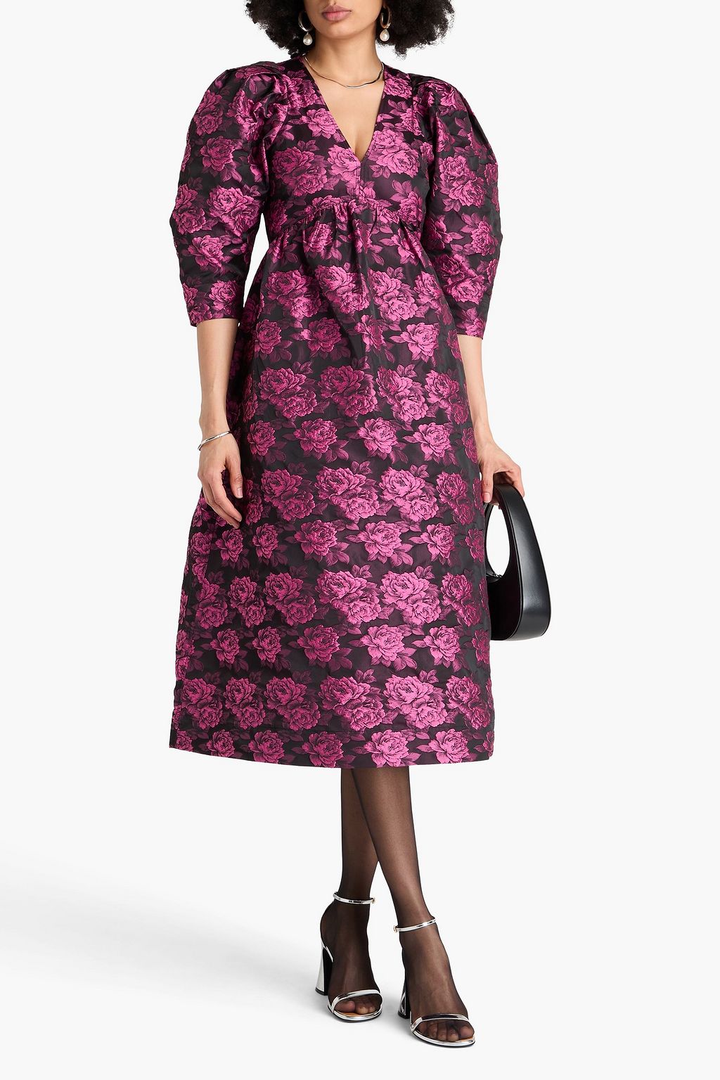 GANNI Gathered floral-jacquard midi dress