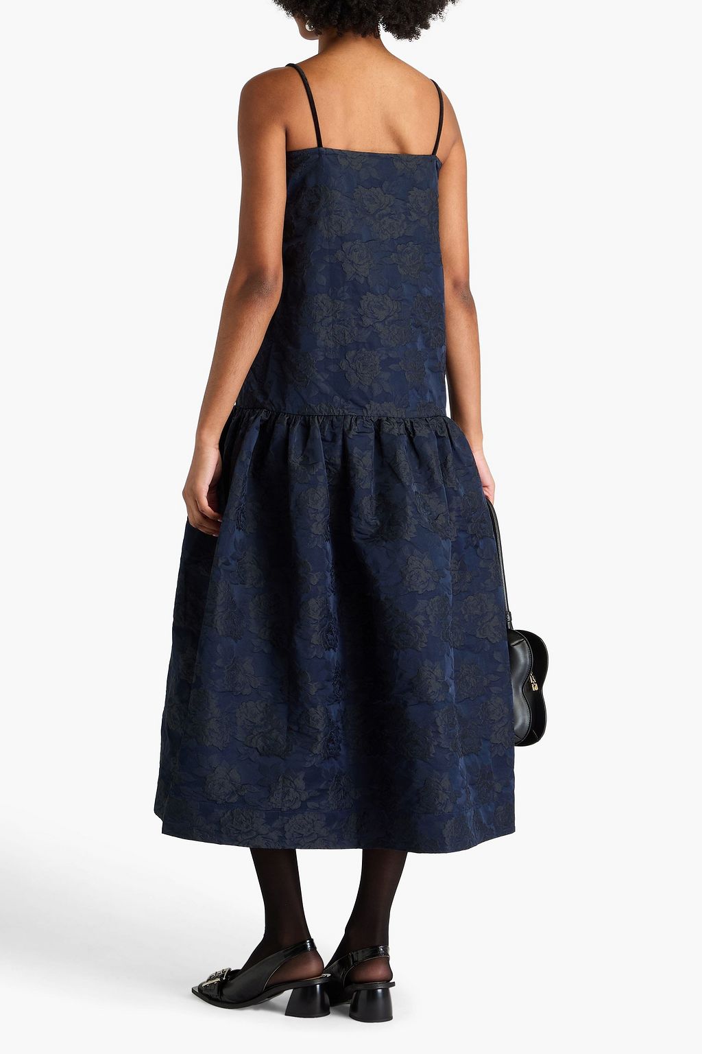 GANNI Gathered floral-jacquard midi dress