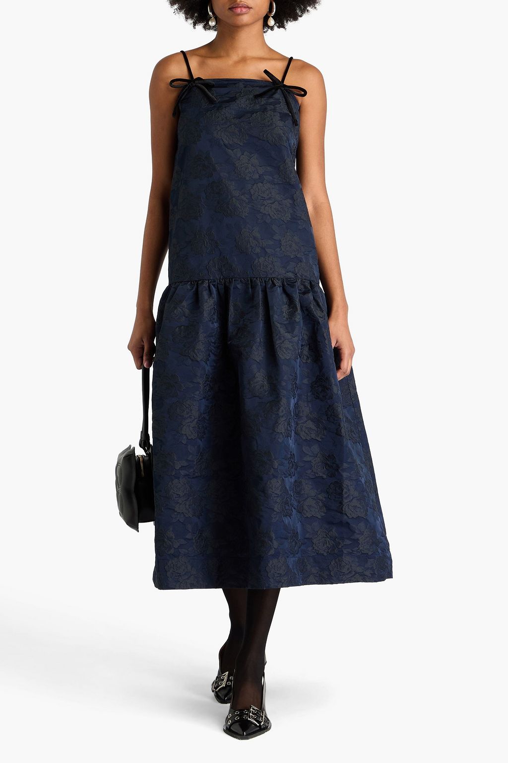 GANNI Gathered floral-jacquard midi dress