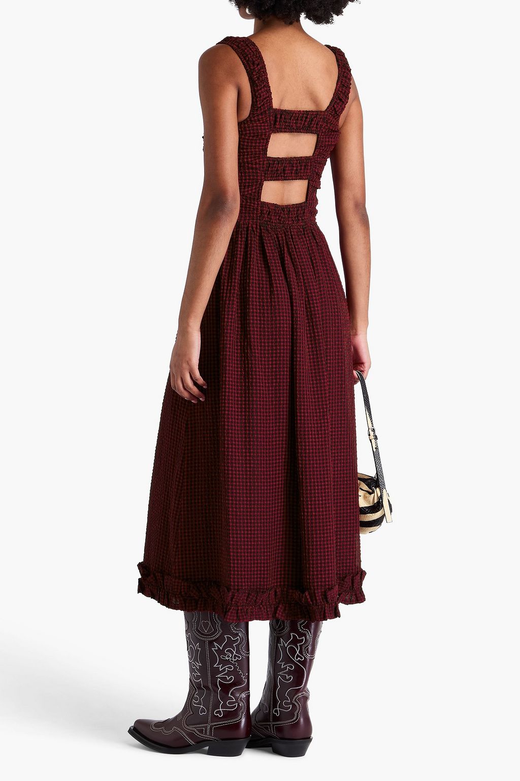 GANNI Midikleid aus Seersucker mit Gingham-Karo und Cut-outs