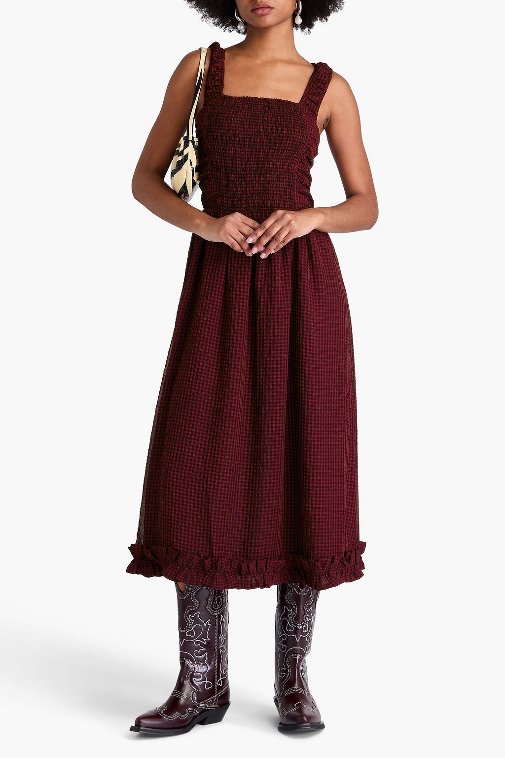 GANNI Midikleid aus Seersucker mit Gingham-Karo und Cut-outs