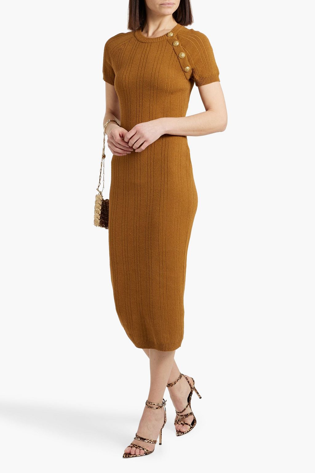 BALMAIN Ribbed bouclé-knit cotton-blend midi dress