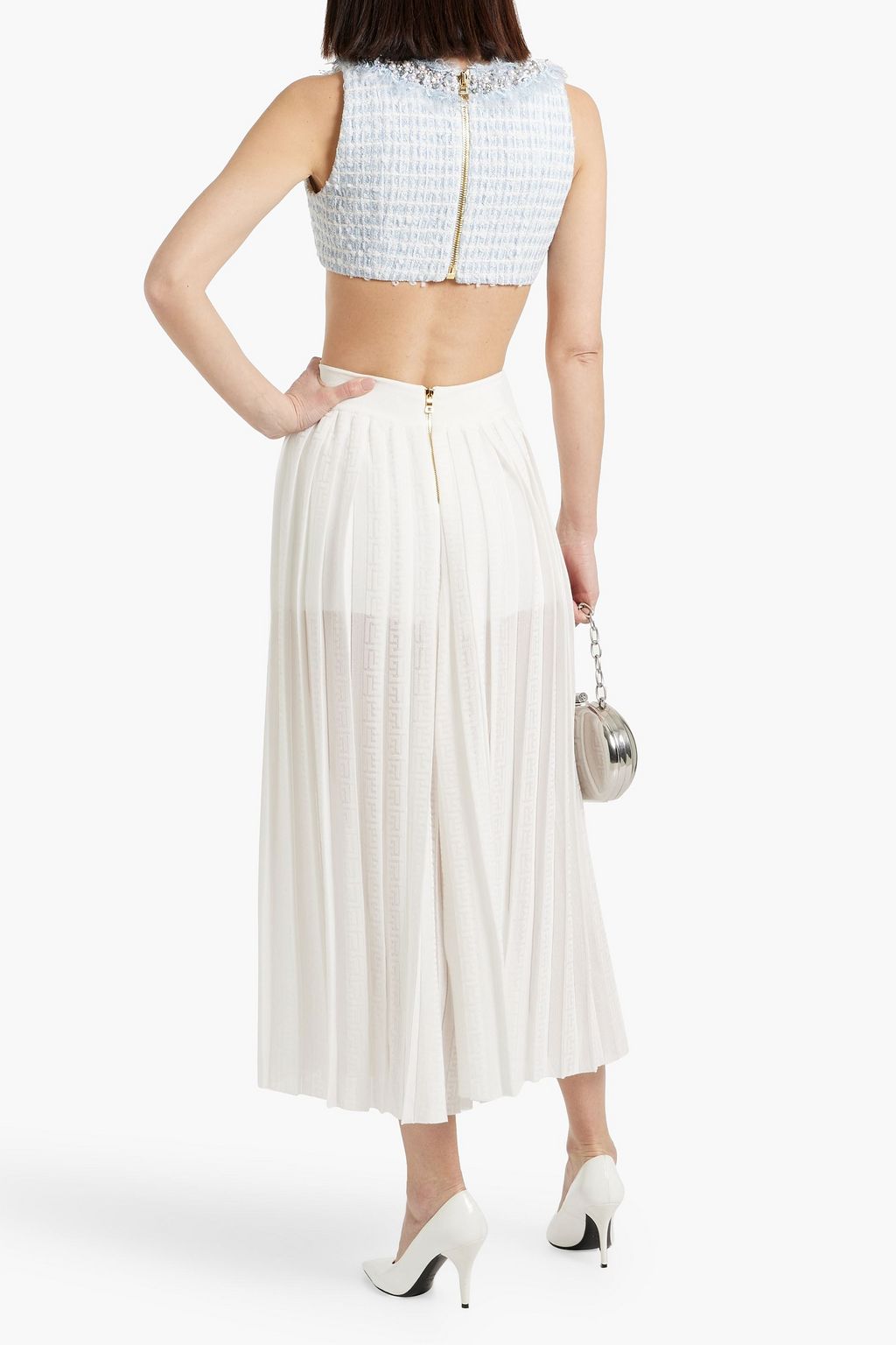BALMAIN Cropped embellished tweed top