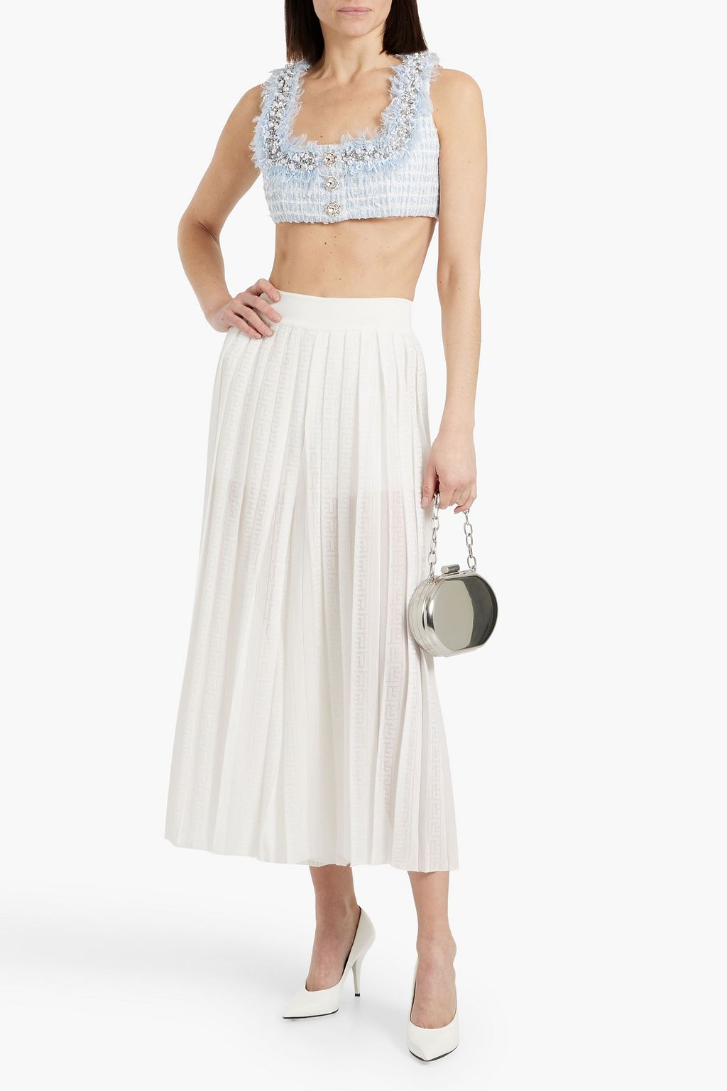 BALMAIN Cropped embellished tweed top