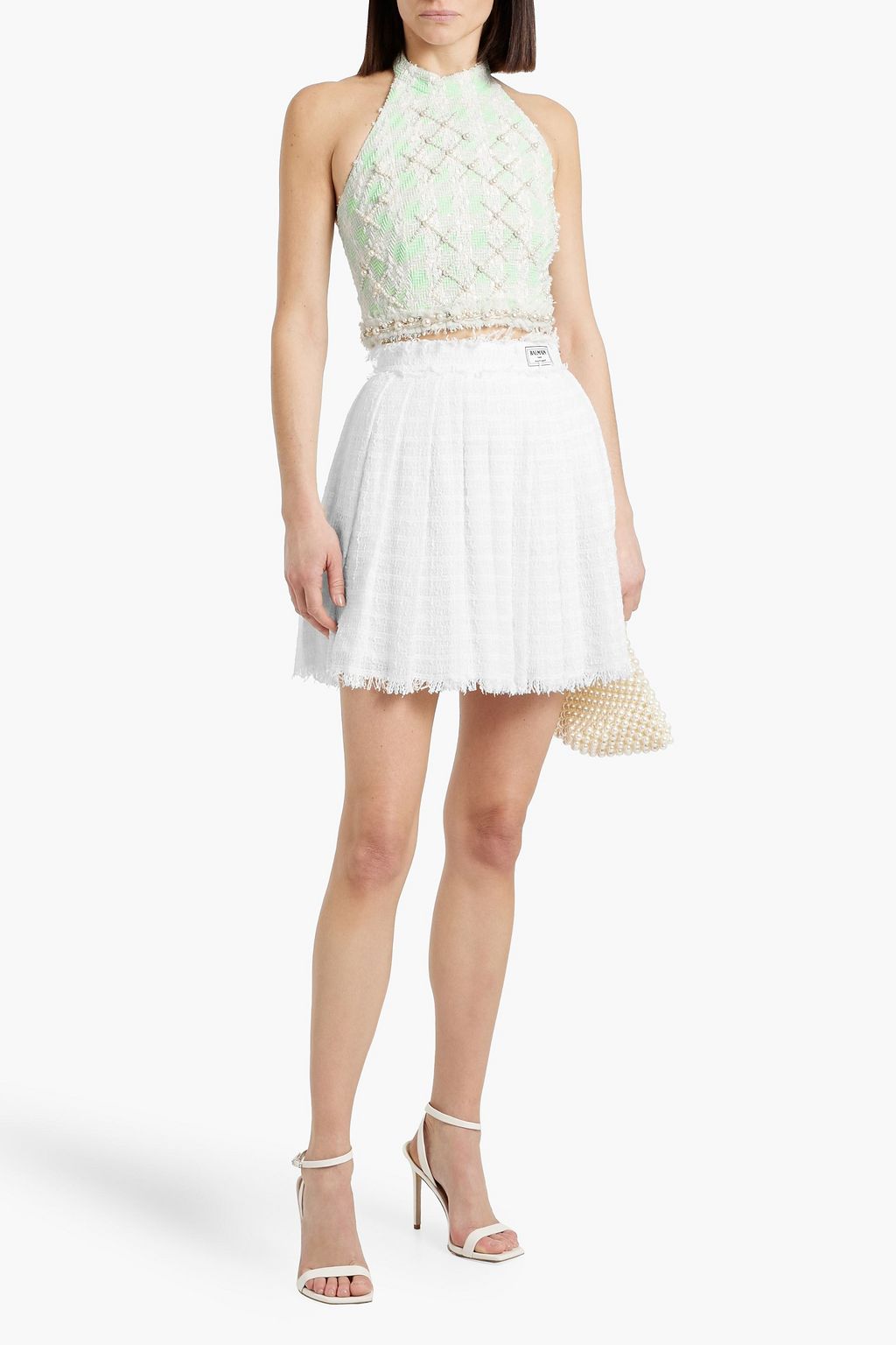 BALMAIN Cropped embellished tweed halterneck top