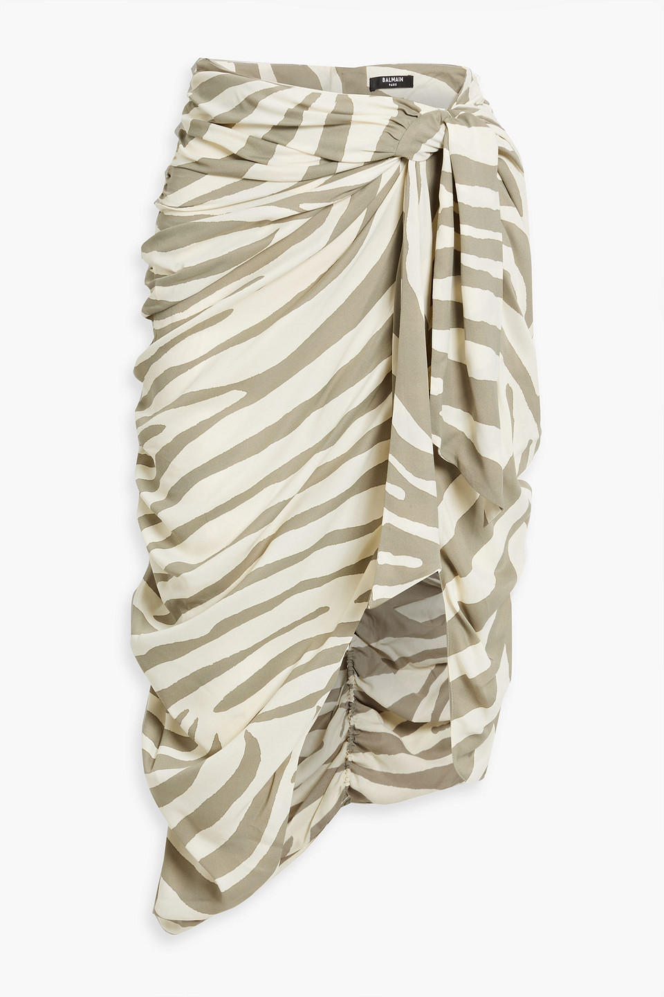 balmain - wrap-effect zebra-print twill midi skirt - gray - fr 34