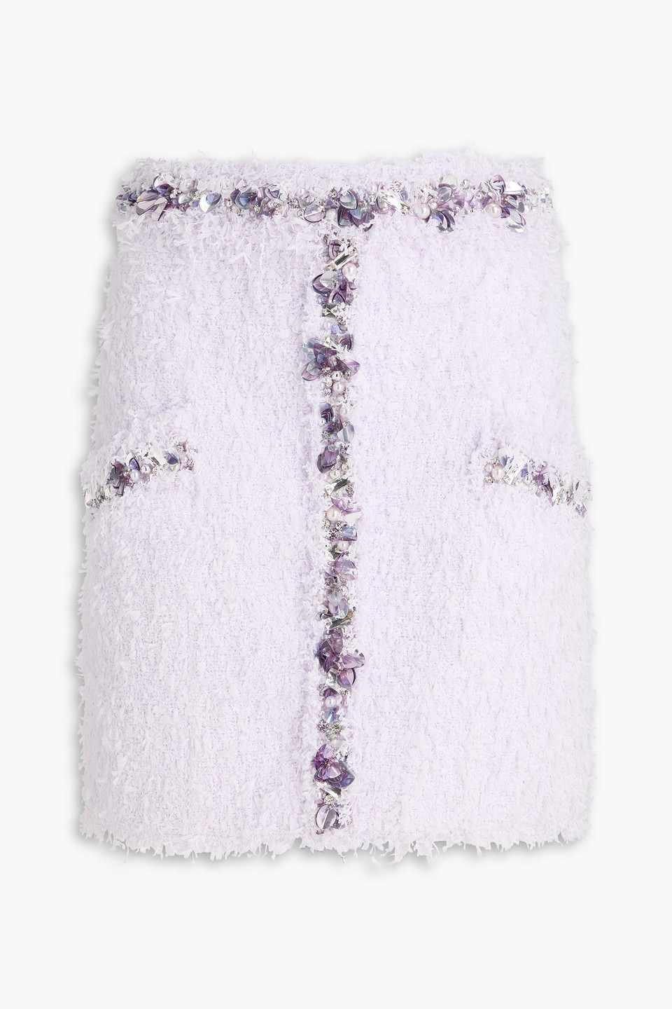 Balmain Frayed Embellished Bouclé-tweed Mini Skirt In Purple