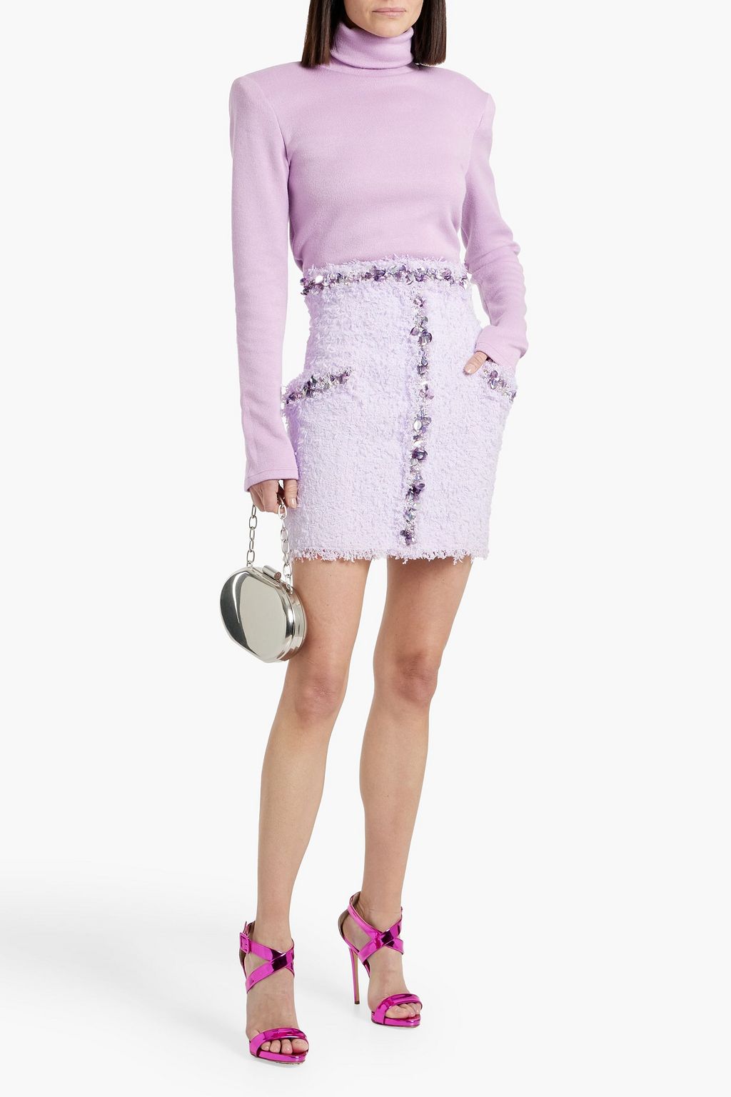 BALMAIN Embellished frayed bouclé-tweed mini skirt