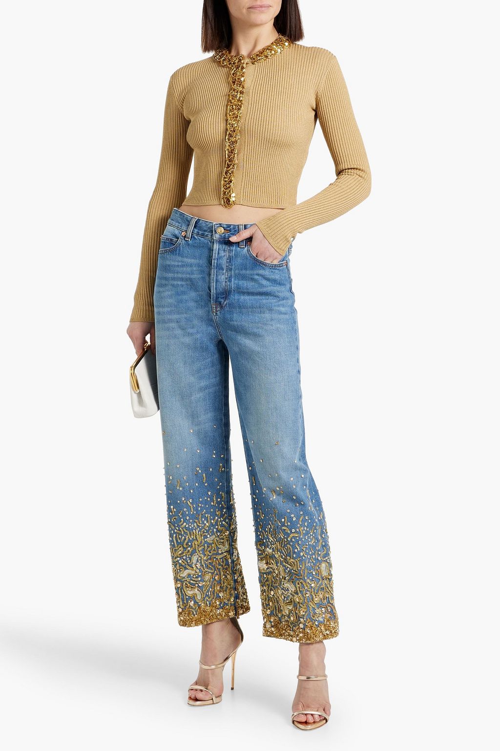 BALMAIN Cropped embellished ribbed-knit cardigan