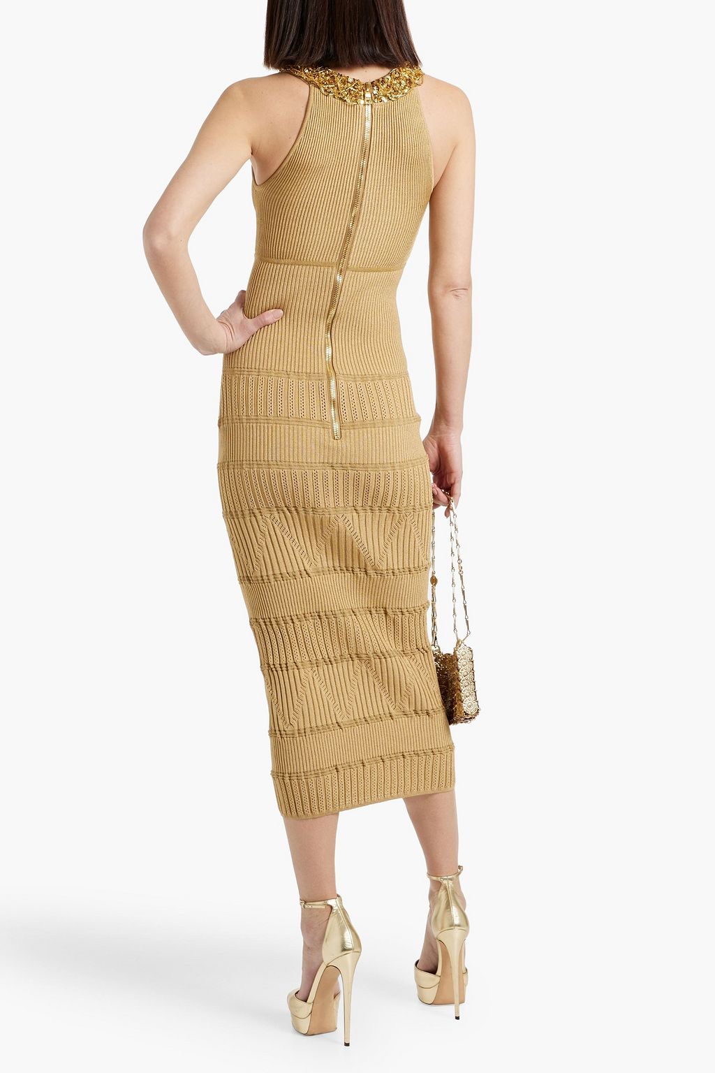 BALMAIN Embellished ribbed and pointelle-knit midi dress