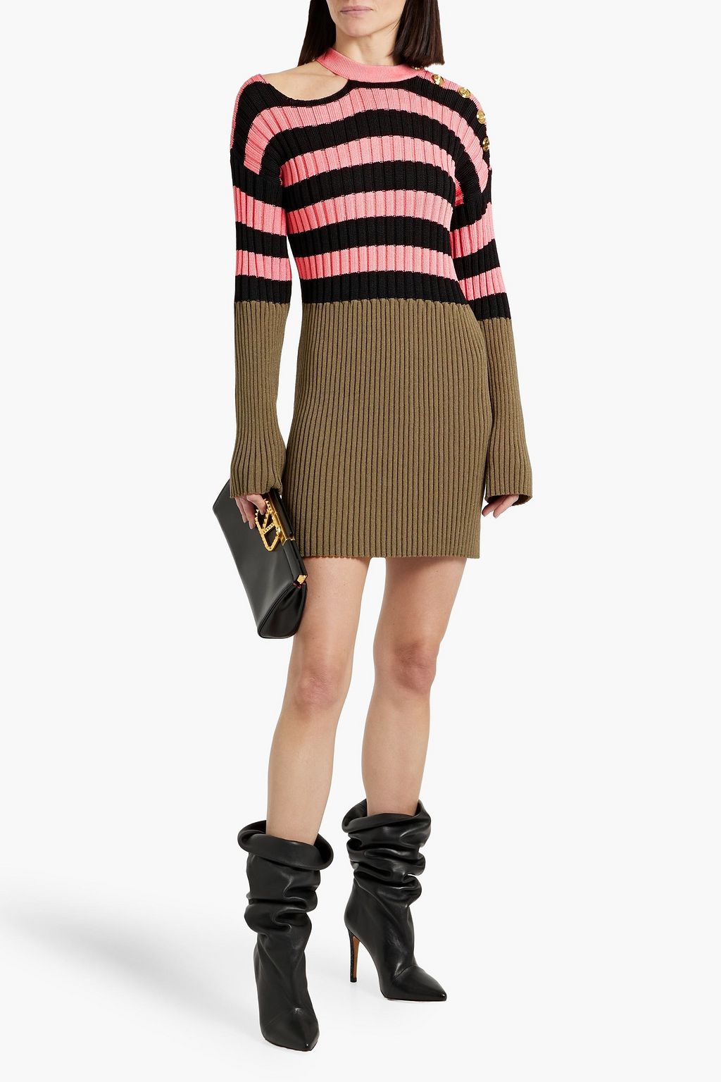 BALMAIN Striped cutout ribbed-knit mini dress