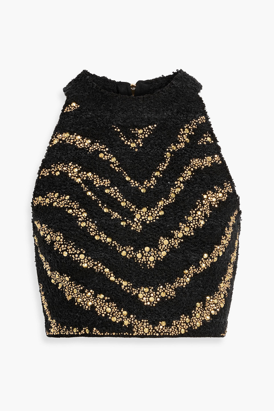 Balmain Cropped Studded Bouclé-tweed Top In Black