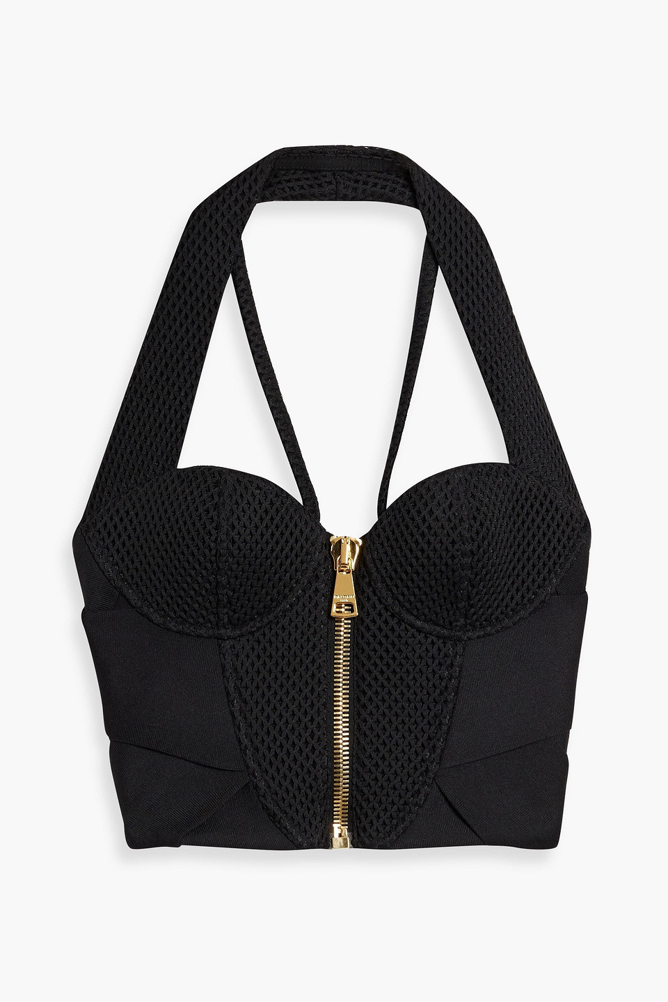 balmain - cropped stretch-knit and matelassé halterneck bustier top - black - fr 36