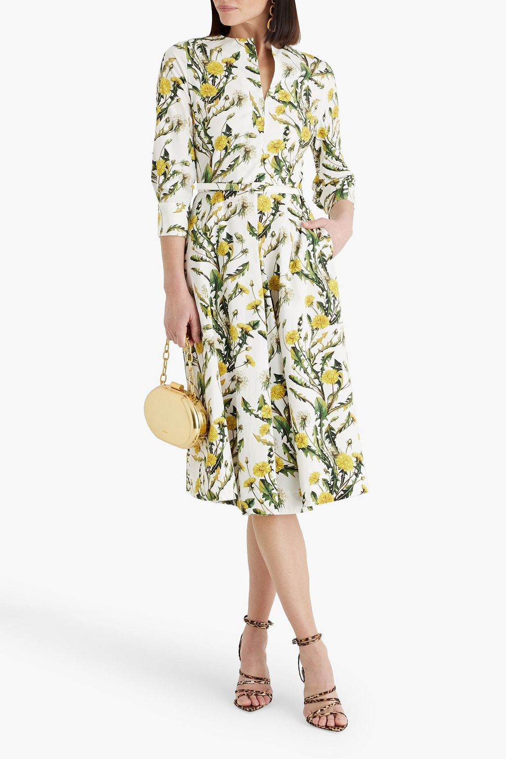 OSCAR DE LA RENTA Belted floral-print cotton-blend poplin midi dress