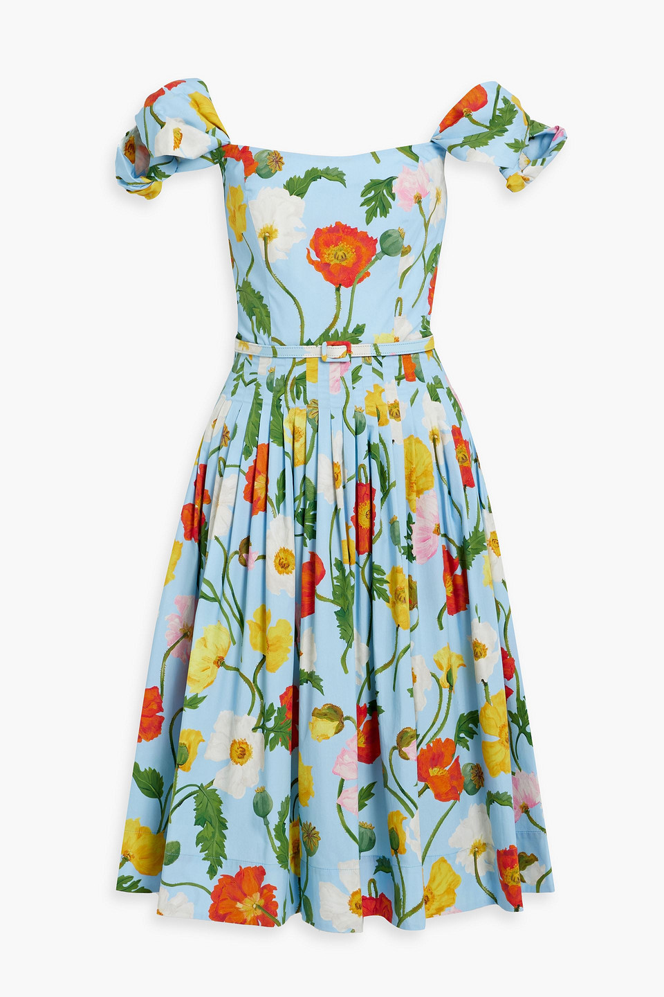 Oscar De La Renta Off-the-shoulder Pleated Floral-print Cotton-blend Poplin Dress