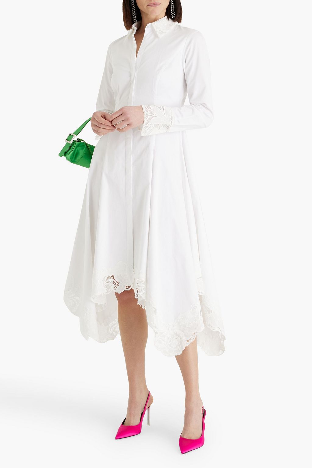 OSCAR DE LA RENTA Guipure lace-trimmed cotton-blend poplin midi shirt dress
