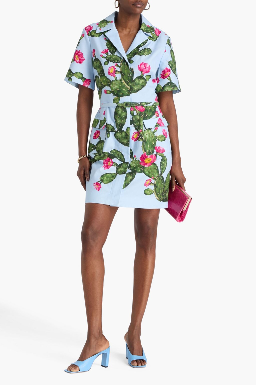OSCAR DE LA RENTA コットン混 ミニシャツワンピース ベルト付き プリント入り