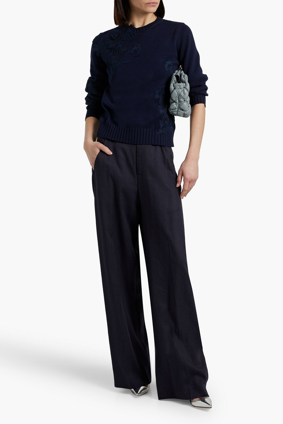 Oscar De La Renta Embroidered Cotton Sweater In Blue
