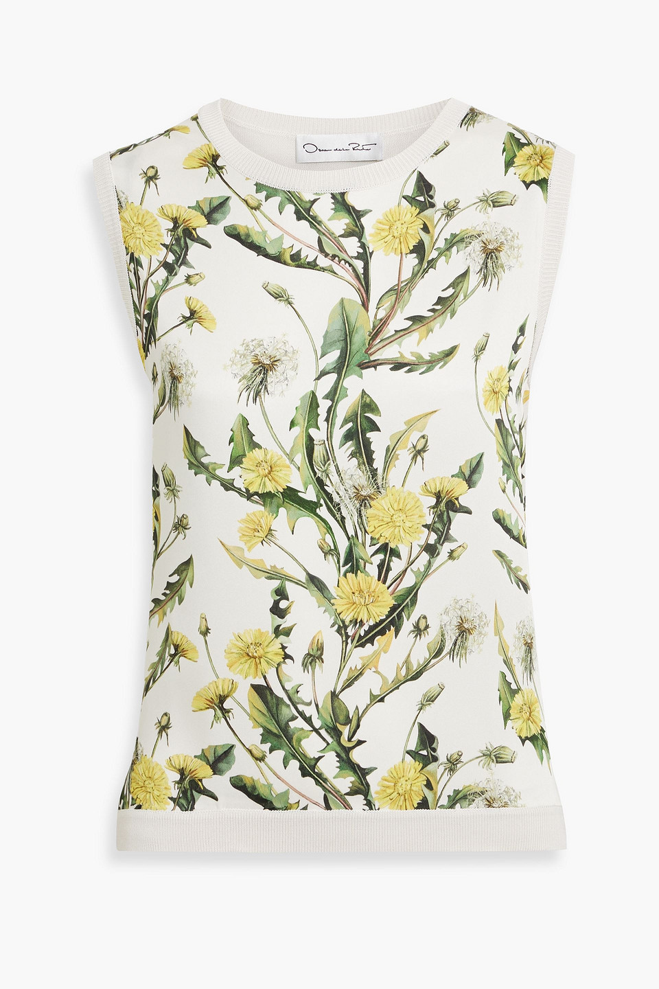 Floral-print twill-paneled knitted top