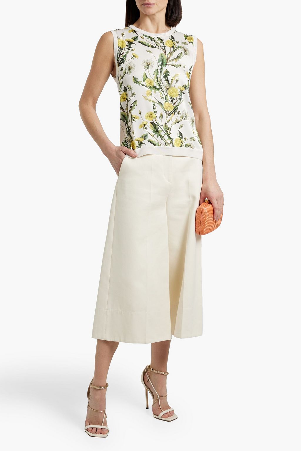 OSCAR DE LA RENTA Floral-print twill-paneled knitted top