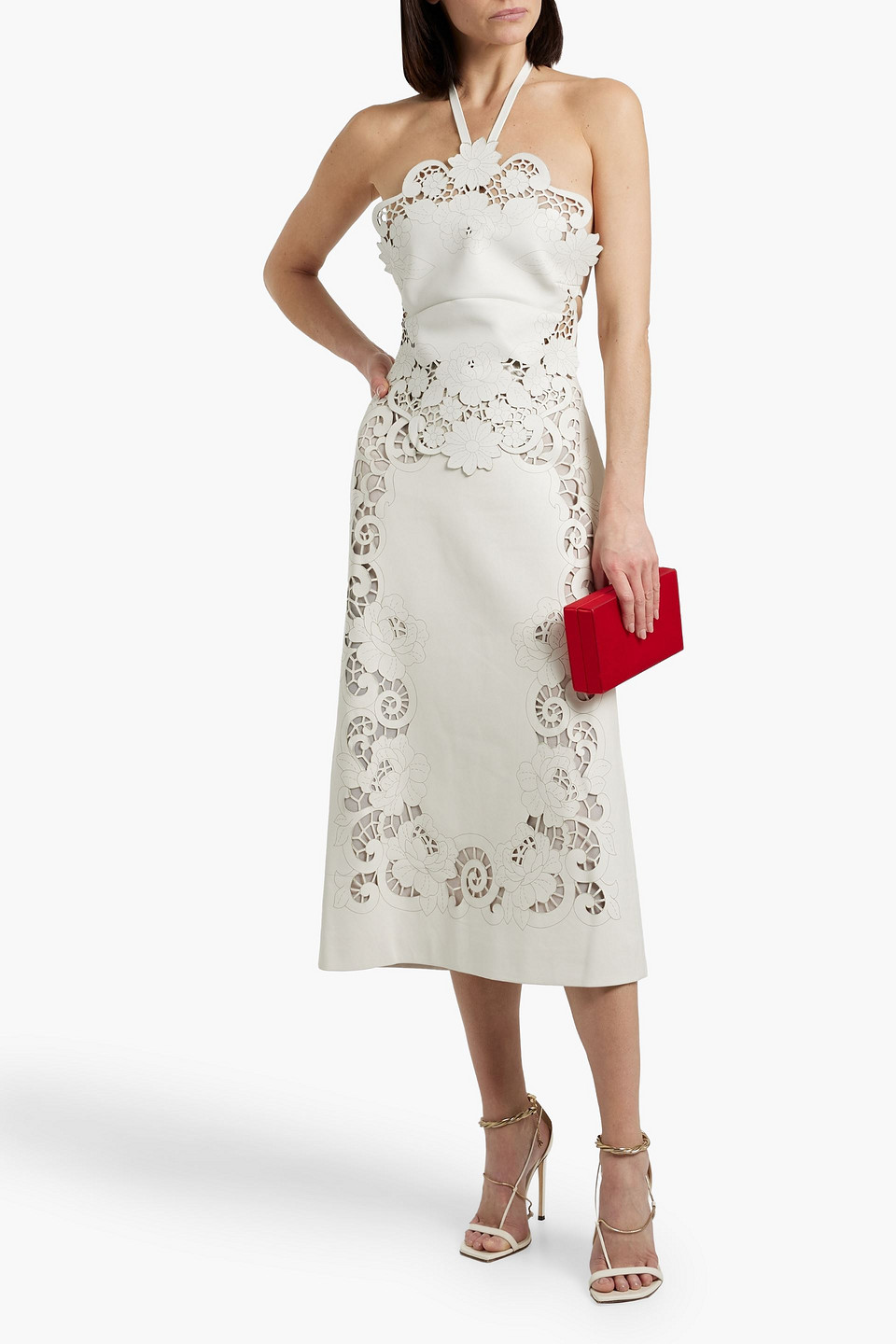 Oscar De La Renta Laser-cut Leather Midi Skirt In White