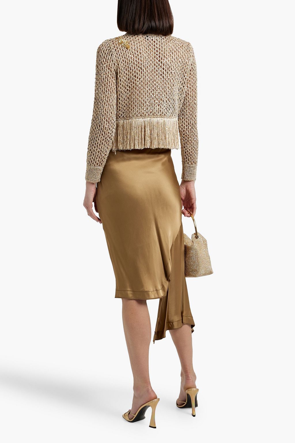 OSCAR DE LA RENTA Cropped fringed metallic open-knit top