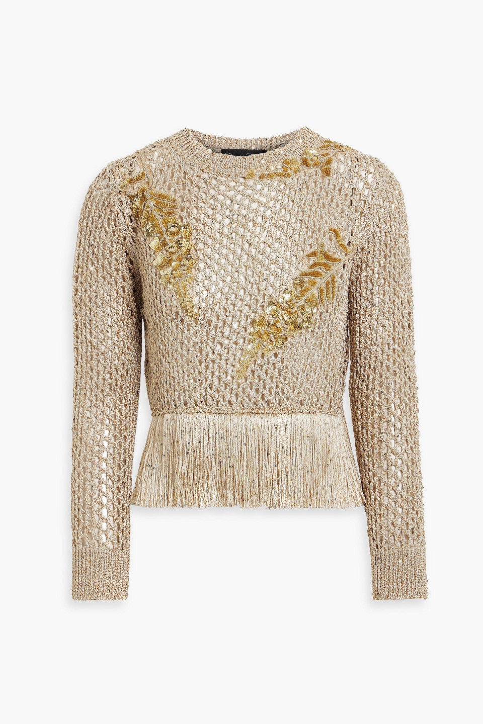 Oscar De La Renta Cropped Fringed Metallic Open-knit Top In Gold
