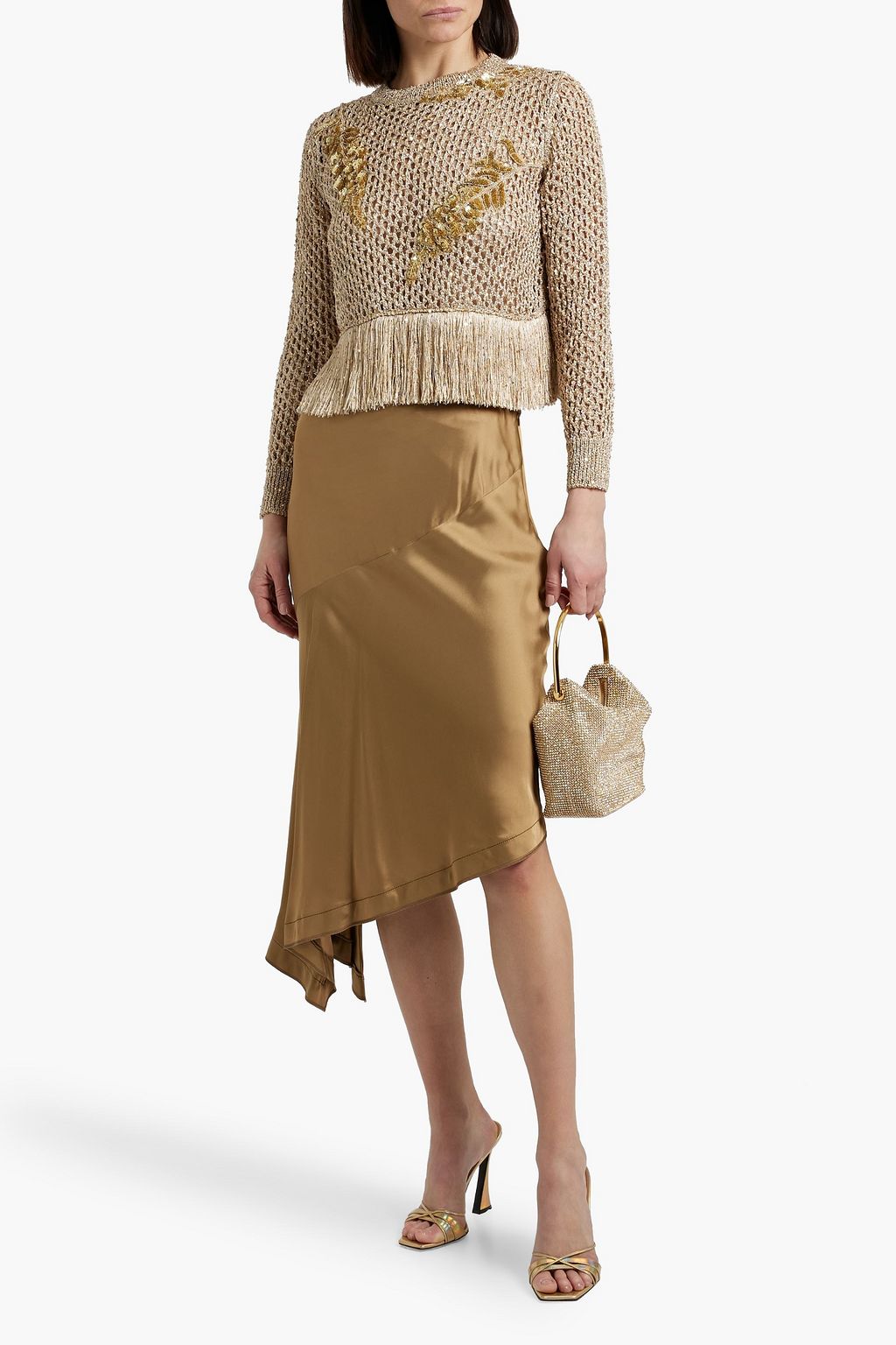 OSCAR DE LA RENTA Cropped fringed metallic open-knit top