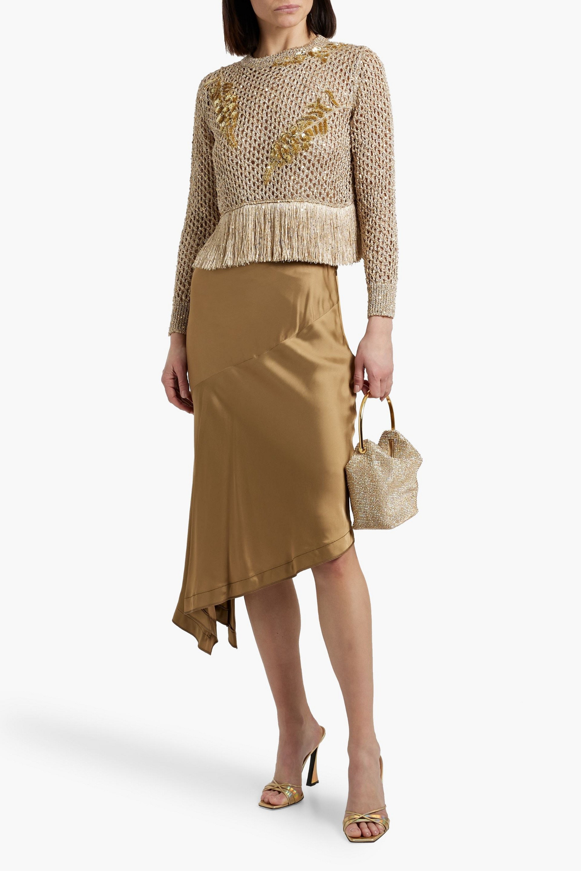 Oscar de la Renta Cropped fringed metallic open-knit top