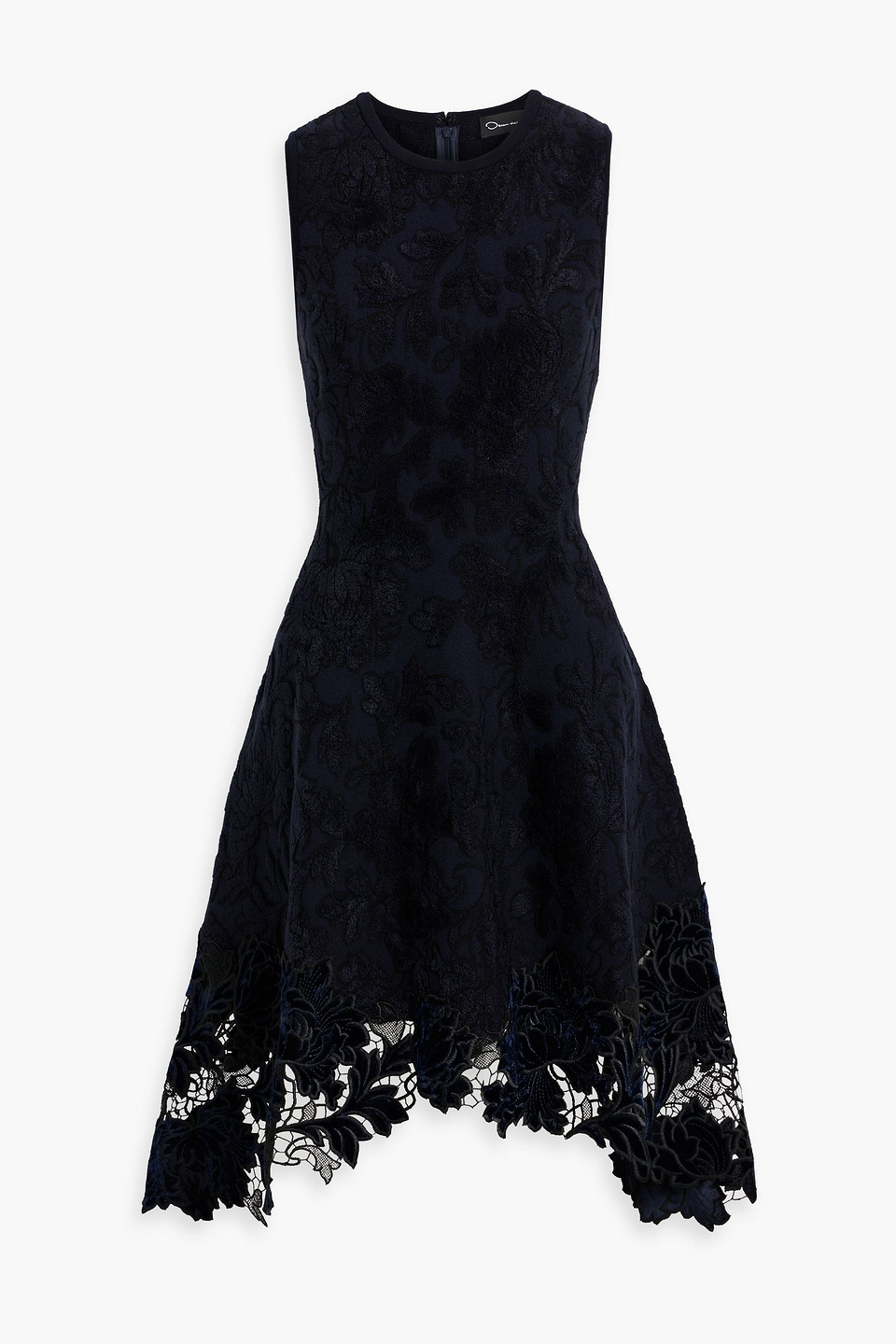 Oscar De La Renta Guipure Lace-trimmed Velvet-jacquard Dress In Blue