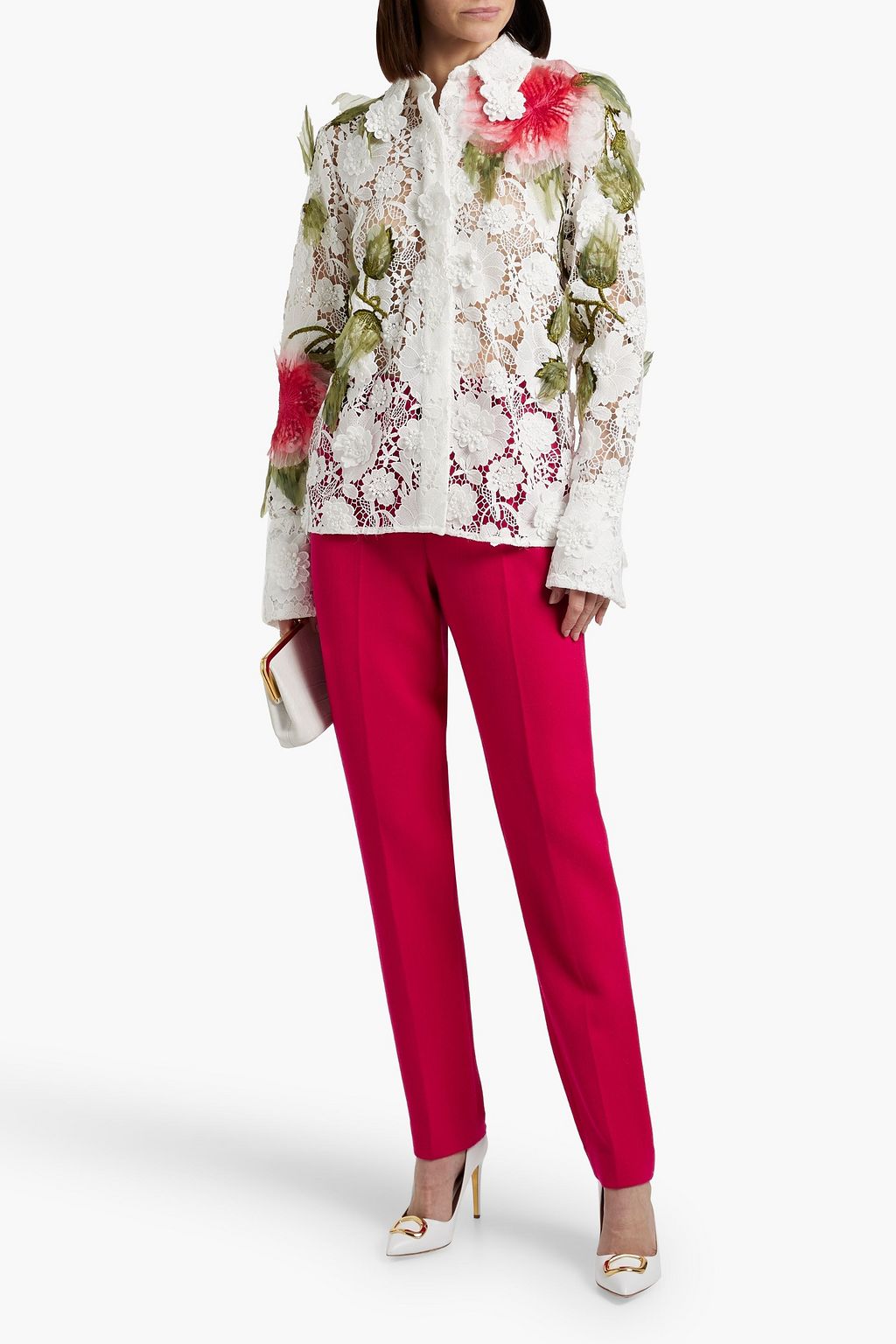 OSCAR DE LA RENTA Floral-appliquéd guipure lace shirt