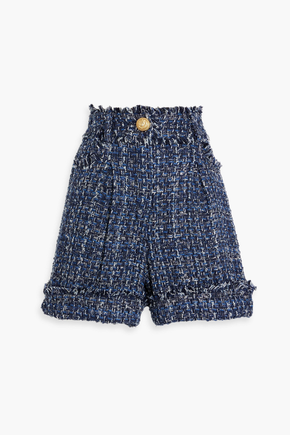 Balmain Frayed Metallic Bouclé-tweed Shorts In Blue