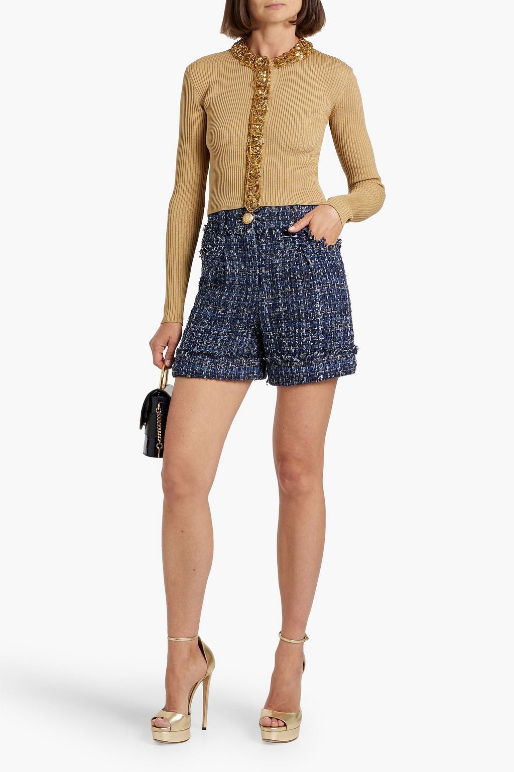 BALMAIN Frayed metallic bouclé-tweed shorts